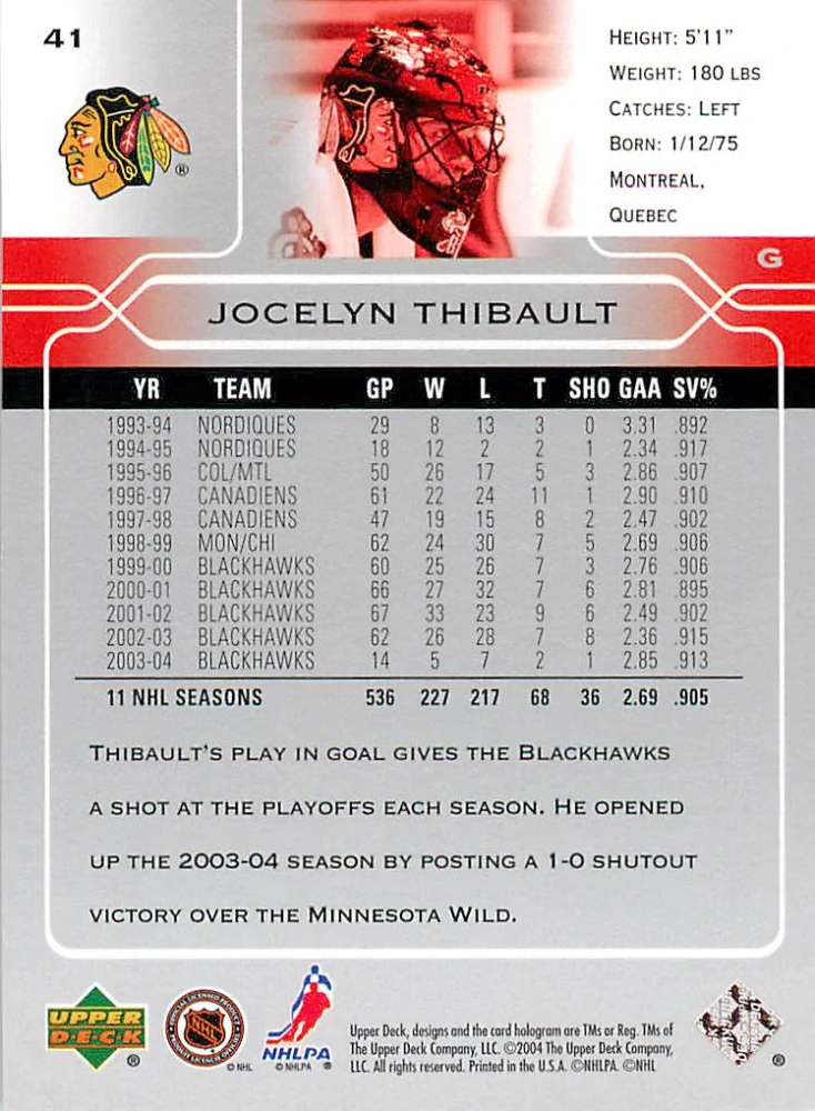2004-05 UD Series 1 - Jocelyn Thibault #41