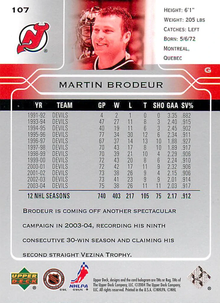 2004-05 UD Series 1 - Martin Brodeur #107