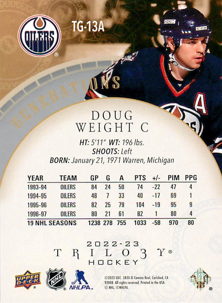 2022-23 UD Trilogy - Doug Weight - Generations #TG-13A