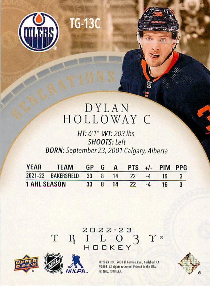 2022-23 UD Trilogy - Dylan Holloway - Generations #TG-13C