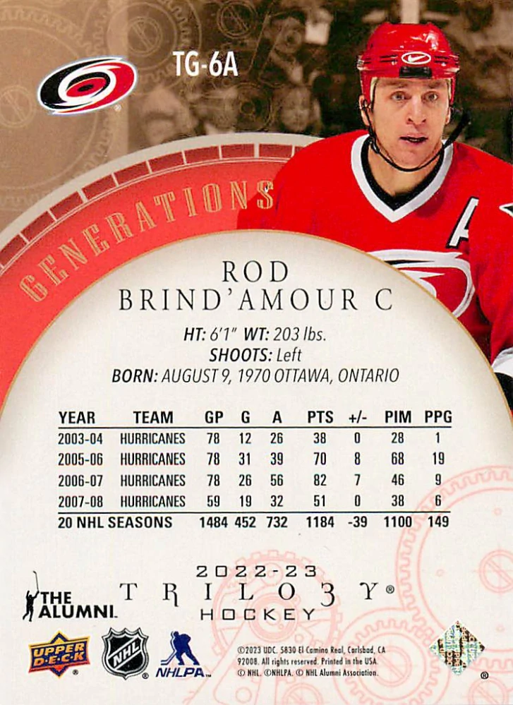 2022-23 UD Trilogy - Rod Brind'Amour - Generations Red /599 #TG-6A