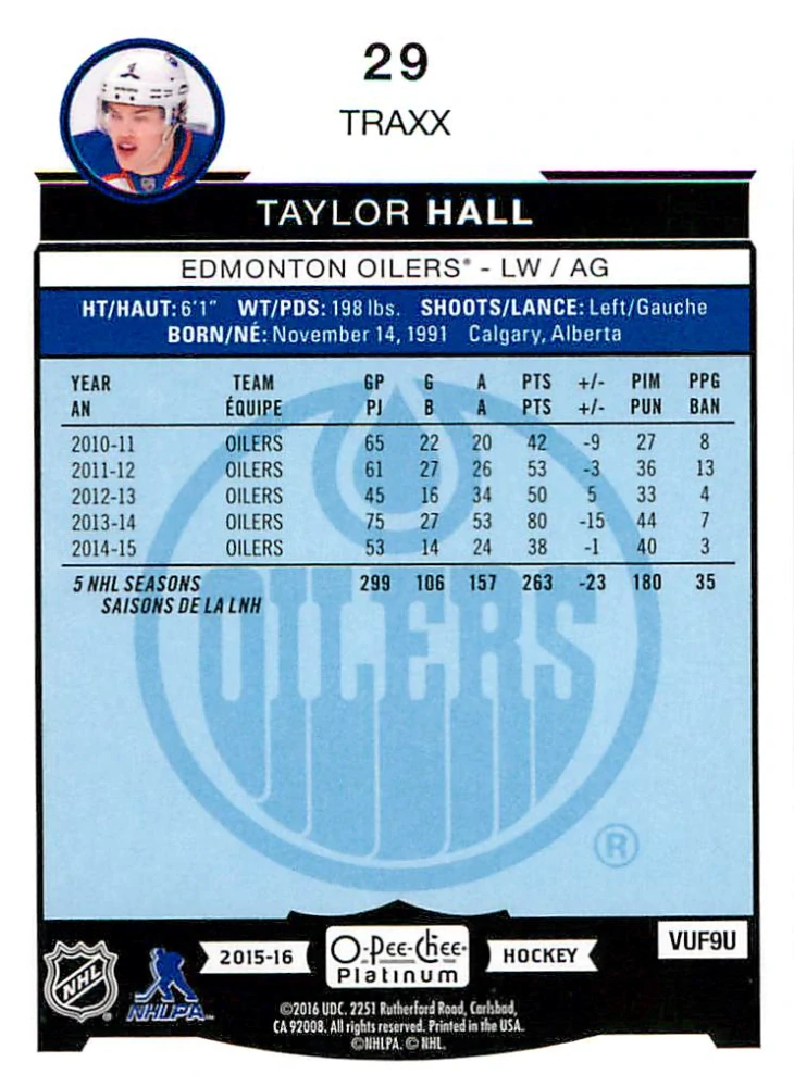 2015-16 UD O-Pee-Chee Platinum - Taylor Hall - Traxx #29