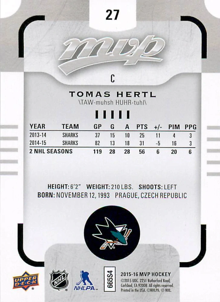 2015-16 UD MVP - Tomáš Hertl - Silver Script #27