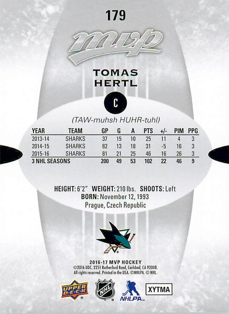 2016-17 UD MVP - Tomáš Hertl - Silver Script #179