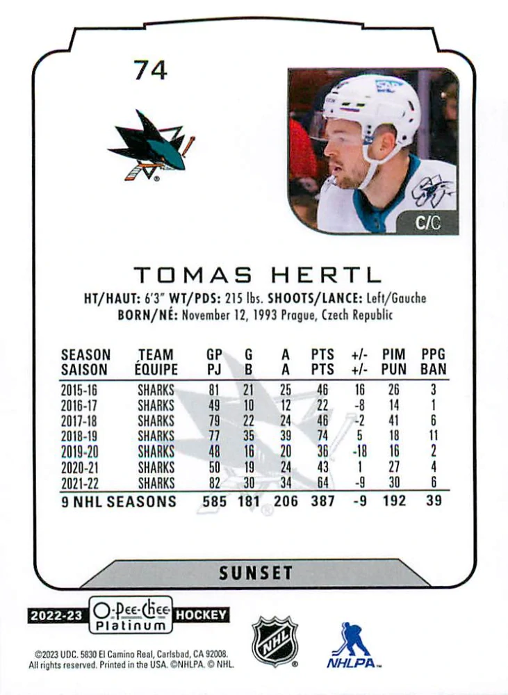 2022-23 UD O-Pee-Chee Platinum - Tomáš Hertl - Sunset #74