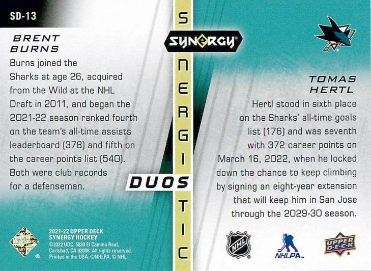 2021-22 UD Synergy - Brent Burns, Tomáš Hertl - Synergistic Duos /999 #SD-13