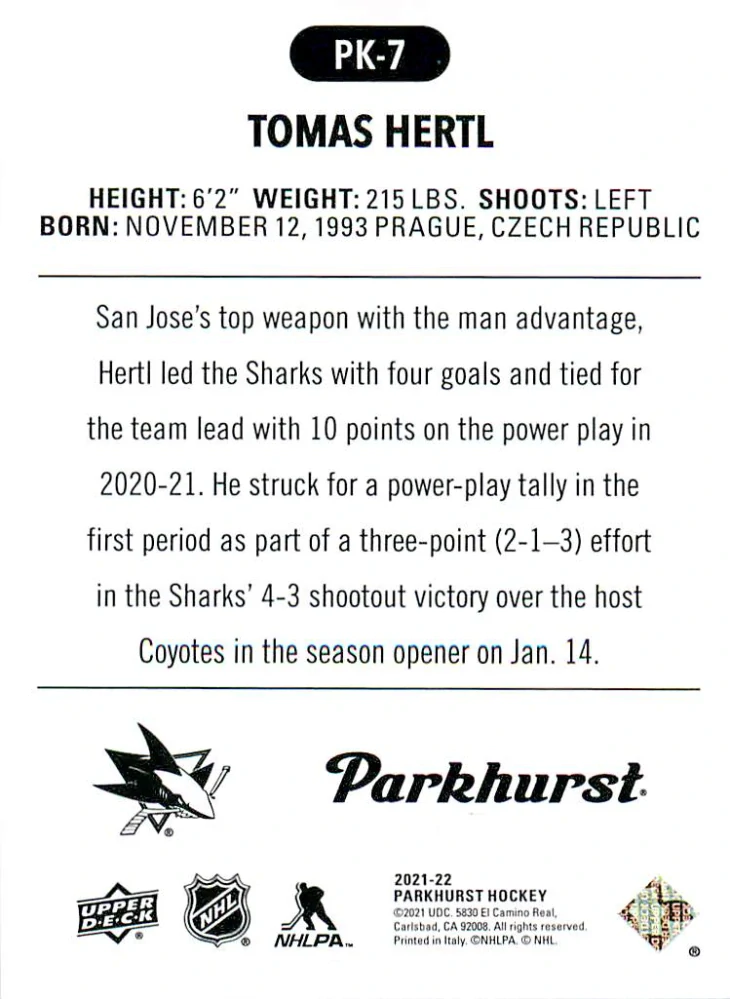 2021-22 UD Parkhurst - Tomáš Hertl - Parkies #PK-7