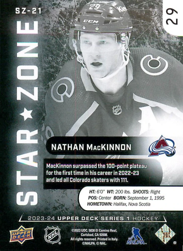 2023-24 UD Series 1 - Nathan MacKinnon - Star Zone #SZ-21
