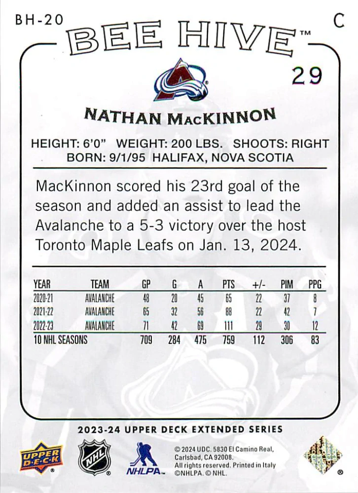 2023-24 UD Extended Series - Nathan MacKinnon - Bee Hive #BH-20