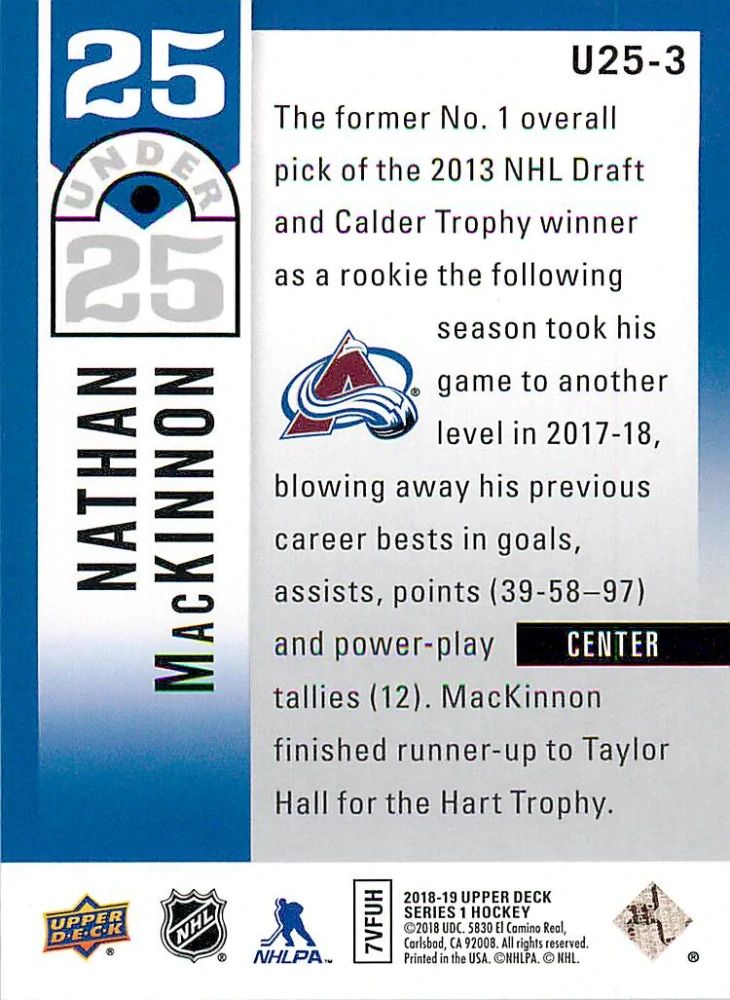 2018-19 UD Series 1 - Nathan MacKinnon - 25 Under 25 #U25-3