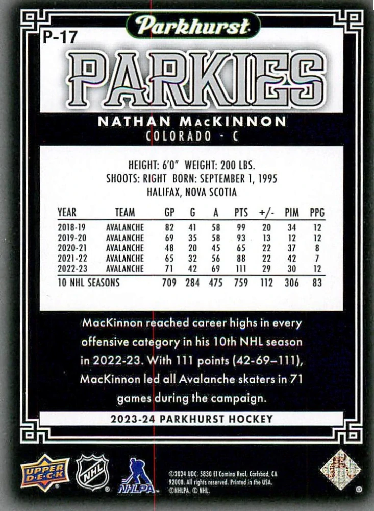 2023-24 UD Parkhurst - Nathan MacKinnon - Parkies #P-17