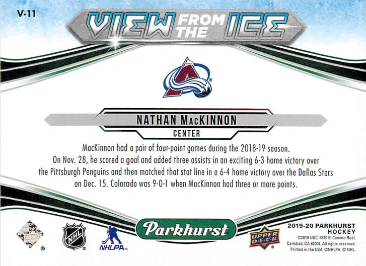 2019-20 UD Parkhurst - Nathan MacKinnon - View From The Ice #V-11