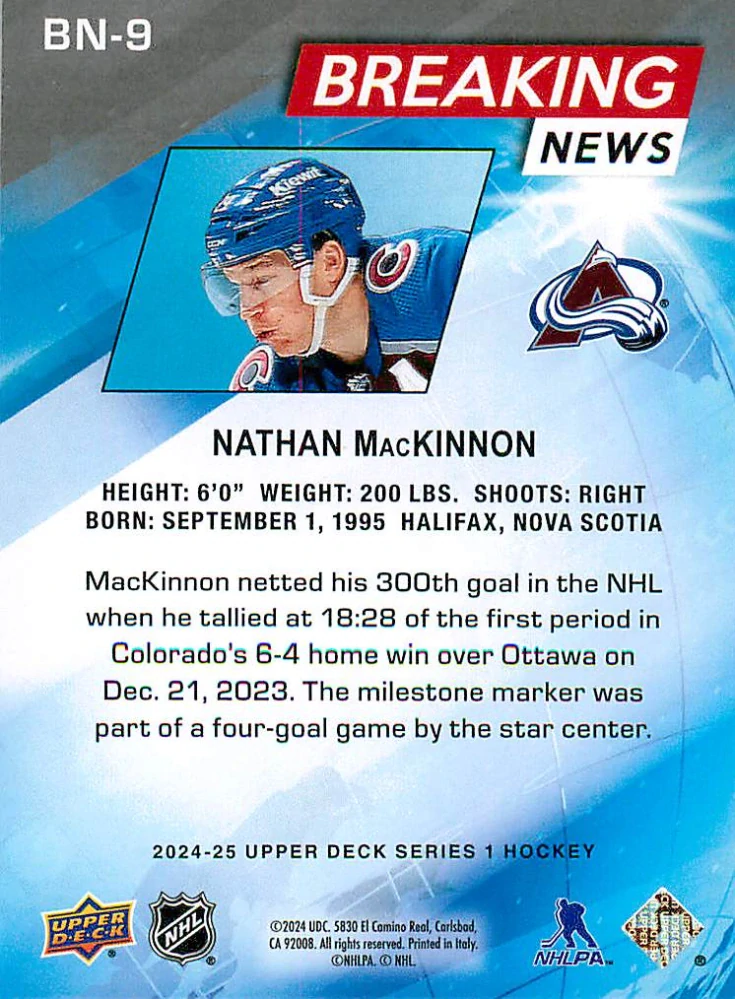 2024-25 UD Series 1 - Nathan MacKinnon - Breaking News #BN-9