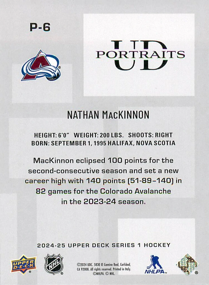 2024-25 UD Series 1 - Nathan MacKinnon - UD Portraits #P-6