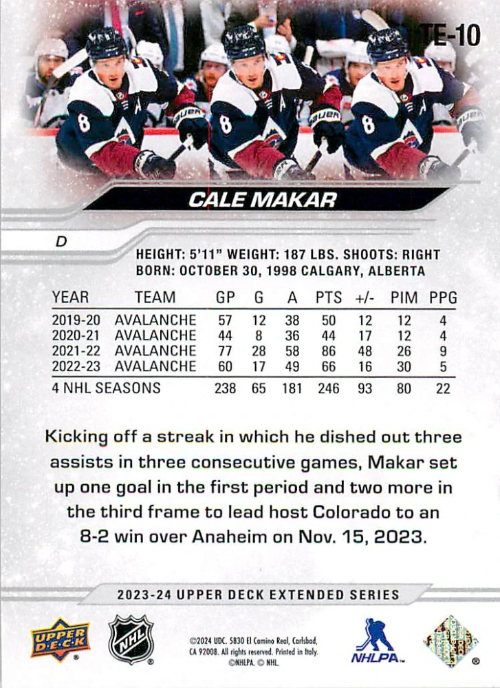 2023-24 UD Extended Series - Cale Makar - Triple Exposure #TE-10