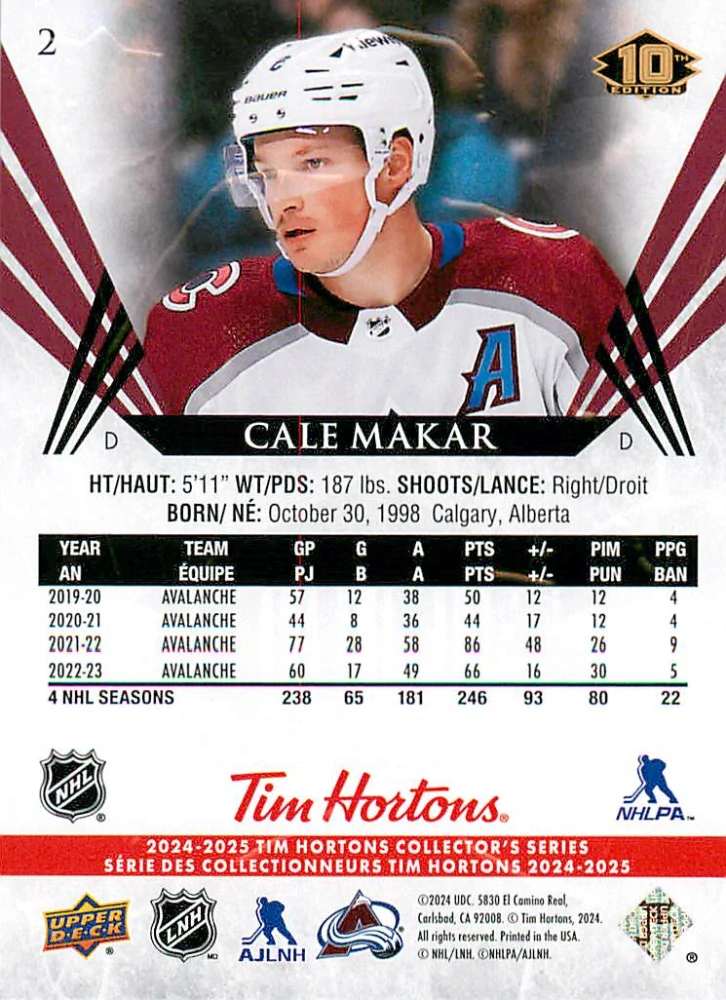 2024-25 UD Tim Hortons Collector's Series - Cale Makar #2