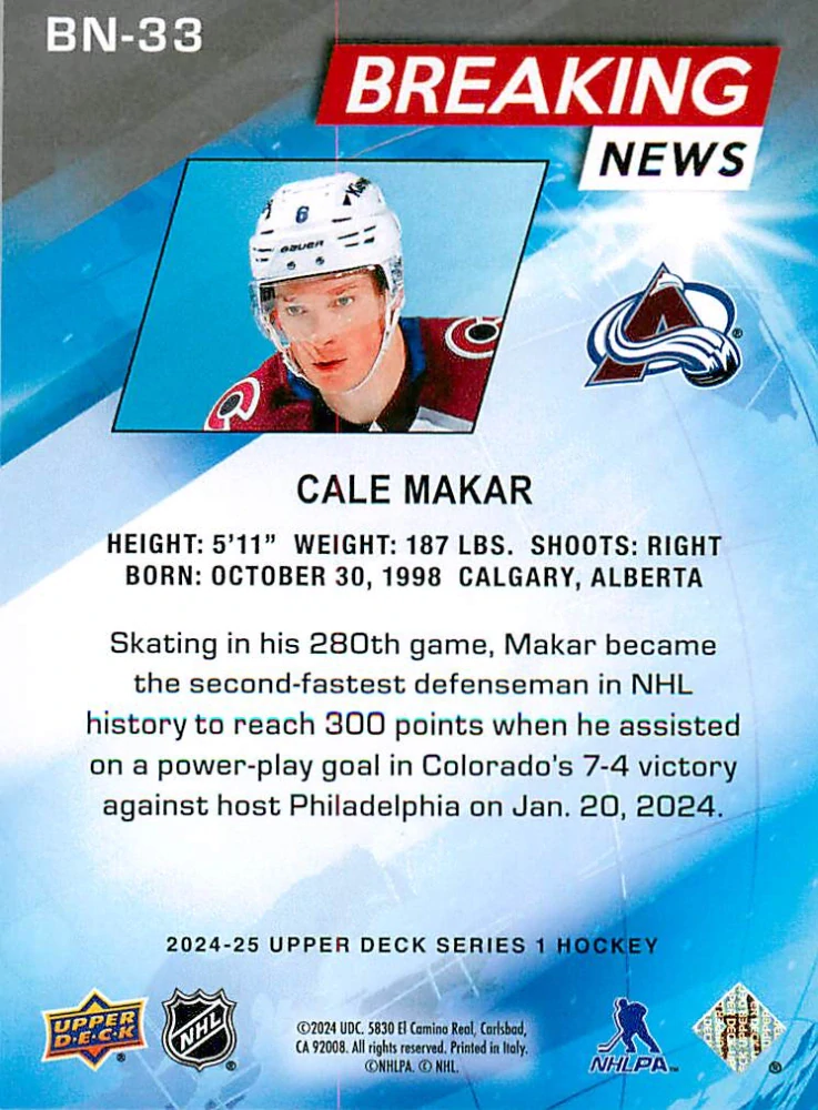 2024-25 UD Series 1 - Cale Makar - Breaking News #BN-33