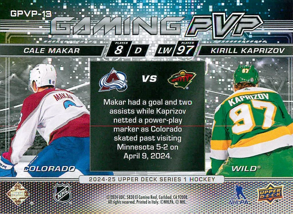 2024-25 UD Series 1 - Cale Makar, Kirill Kaprizov - Gaming PvP #GPVP-13