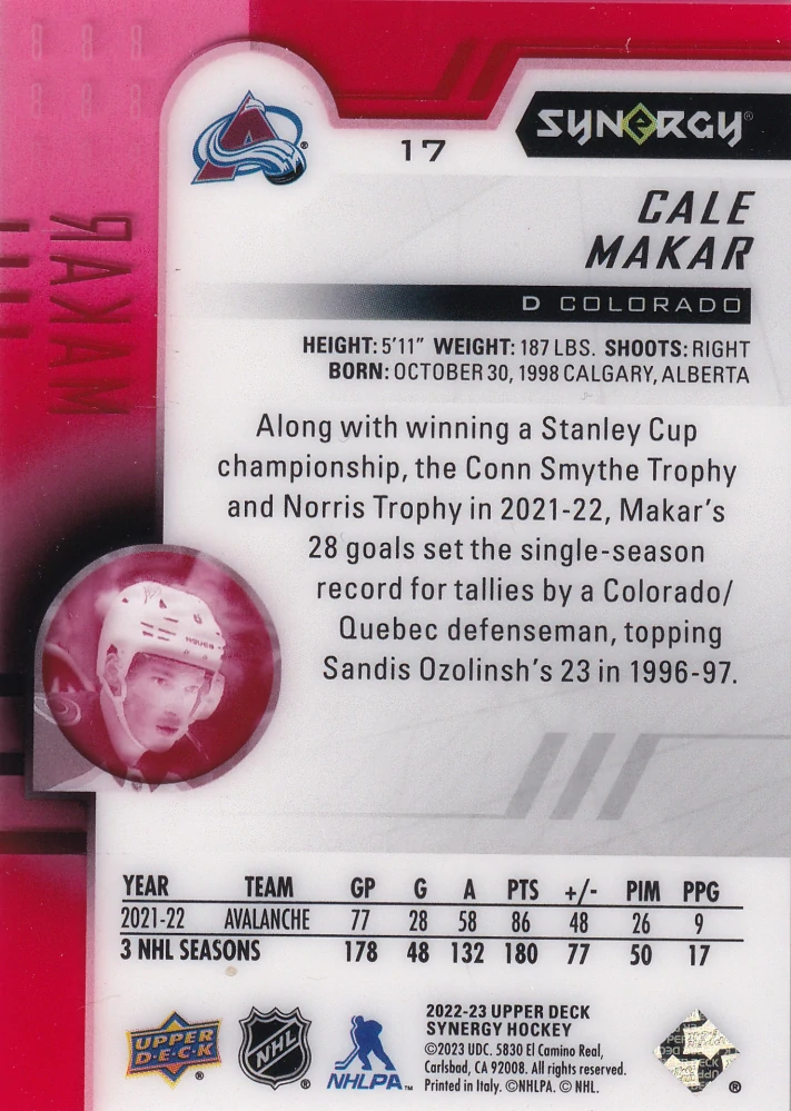 2022-23 UD Synergy - Cale Makar #17