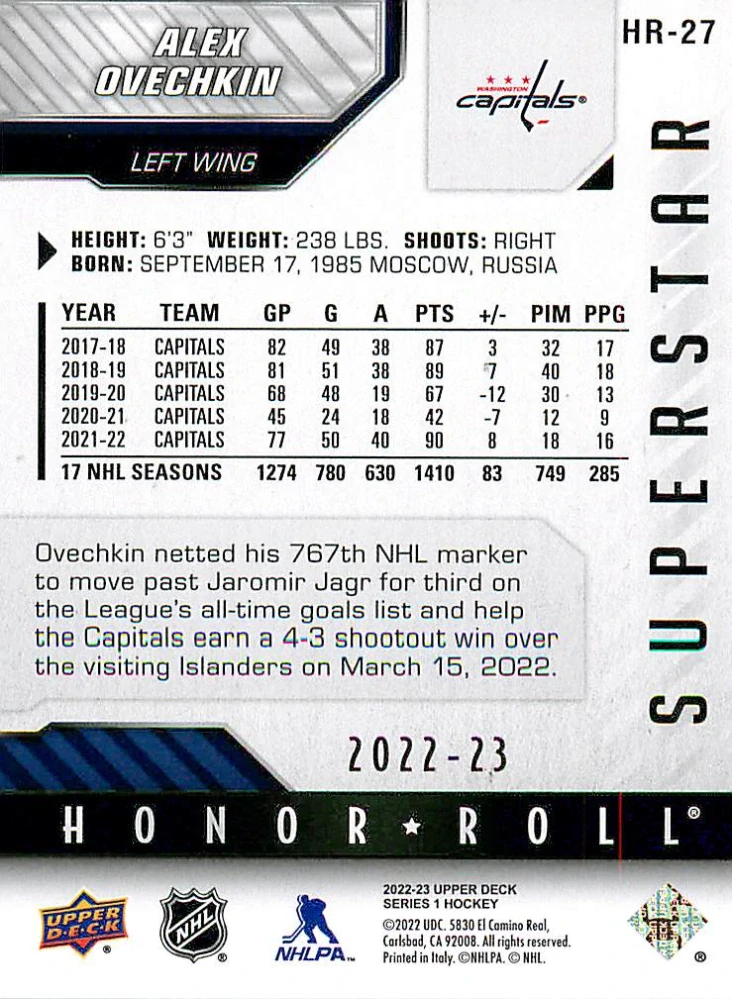 2022-23 UD Series 1 - Alex Ovechkin - Honor Roll #HR-27