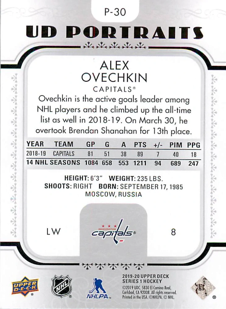 2019-20 UD Series 1 - Alex Ovechkin - UD Portraits #P-30