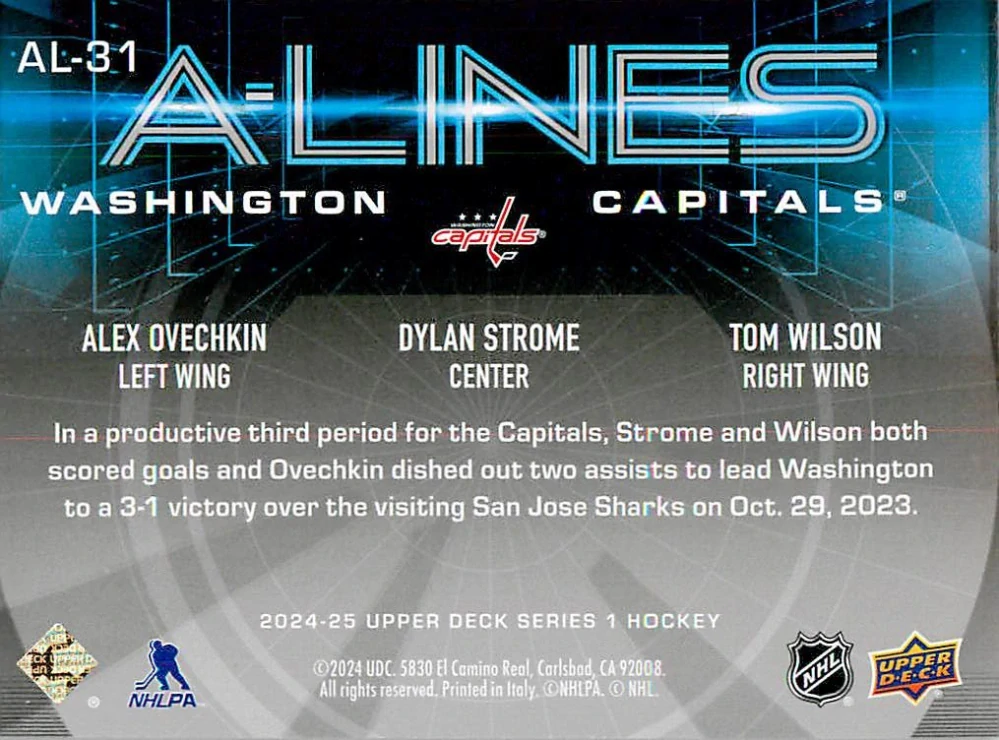 2024-25 UD Series 1 - Alex Ovechkin, Dylan Strome, Tom Wilson - A-Lines #AL-31