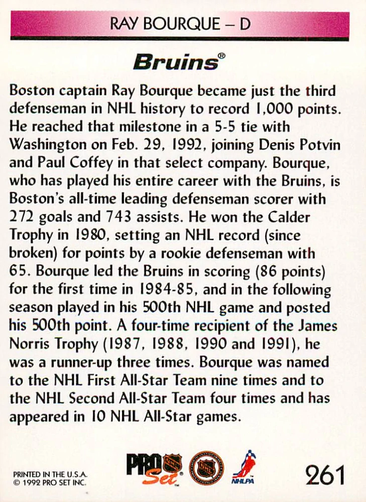 1992-93 Pro Set - Ray Bourque - Milestone #261