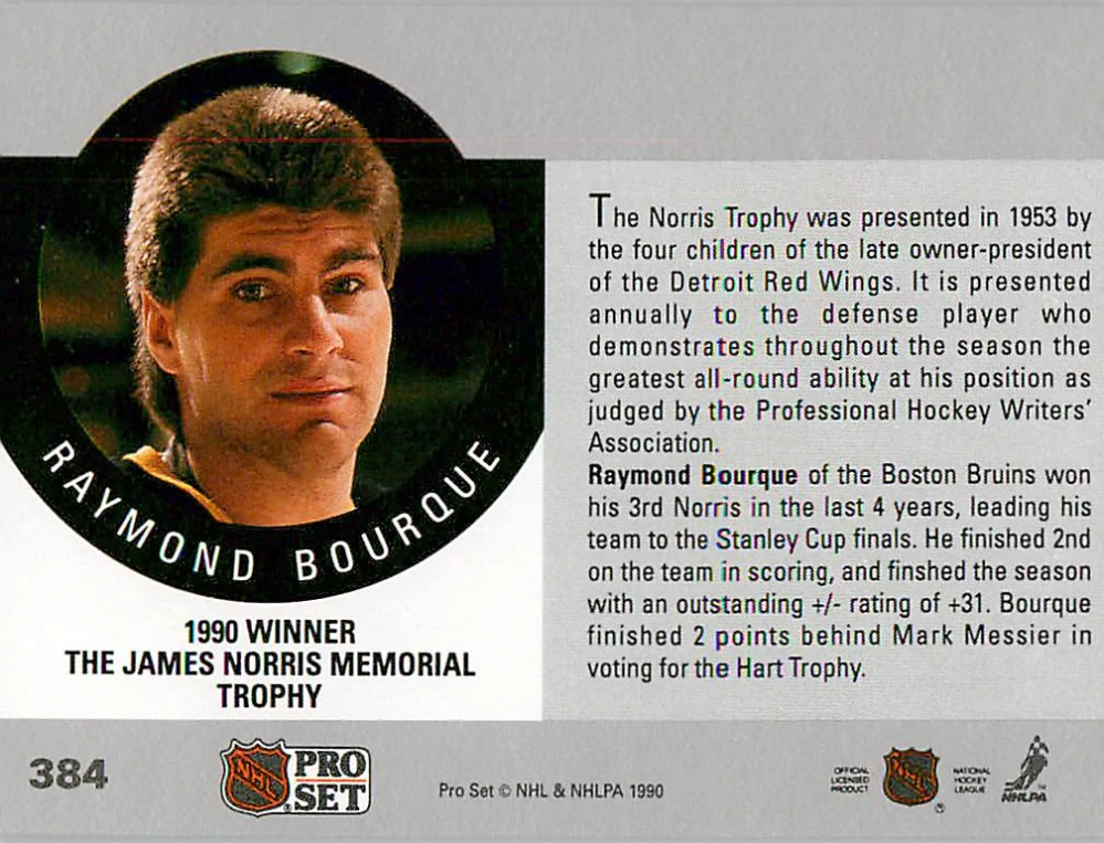 1990-91 Pro Set - Ray Bourque - The James Norris Memorial Trophy #384