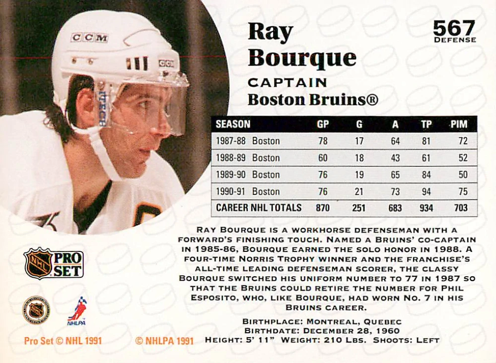 1991-92 Pro Set - Ray Bourque - Captain #567