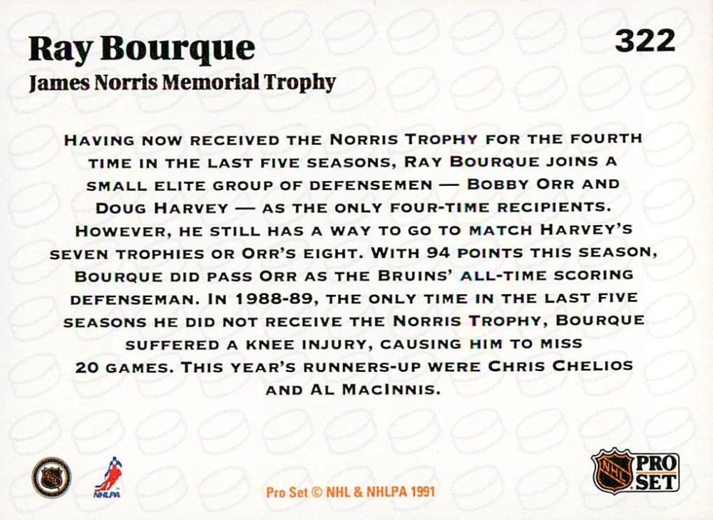 1991-92 Pro Set - Ray Bourque - James Norris Memorial Trophy #322