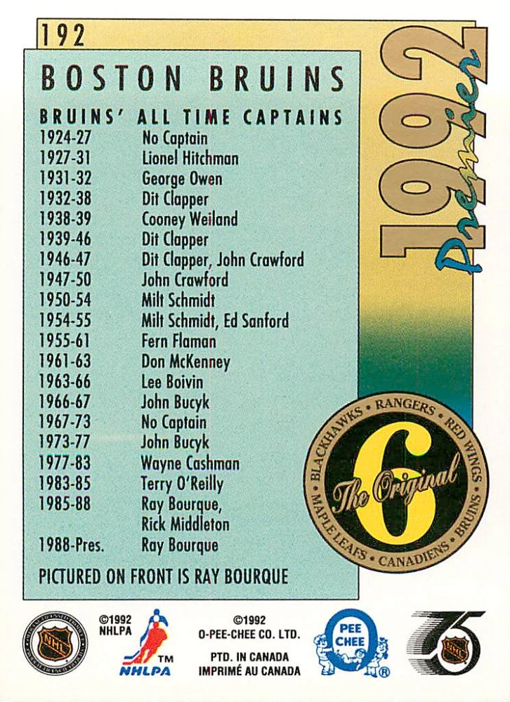 1991-92 O-Pee-Chee Premier - Ray Bourque - The Original 6 #192