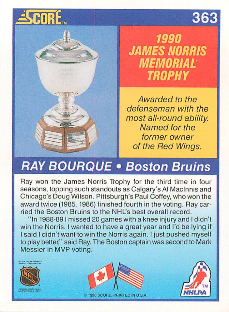 1990-91 Score - Ray Bourque - James Norris Memorial Trophy (English) #363