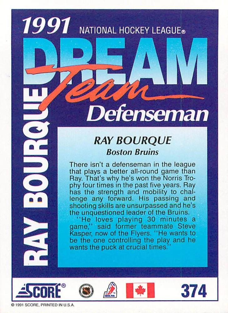 1991-92 Score Canadian - Ray Bourque - Dream Team (English) #374