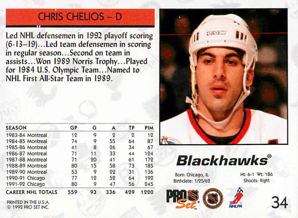 1992-93 Pro Set - Chris Chelios #34