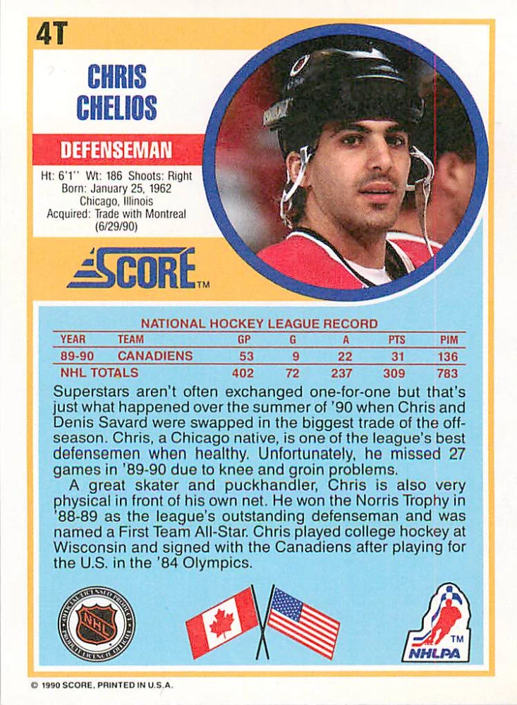 1990-91 Score Rookie & Traded - Chris Chelios (English) #4T