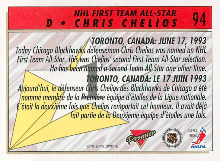1993-94 O-Pee-Chee Premier - Chris Chelios - NHL First Team All-Star #94