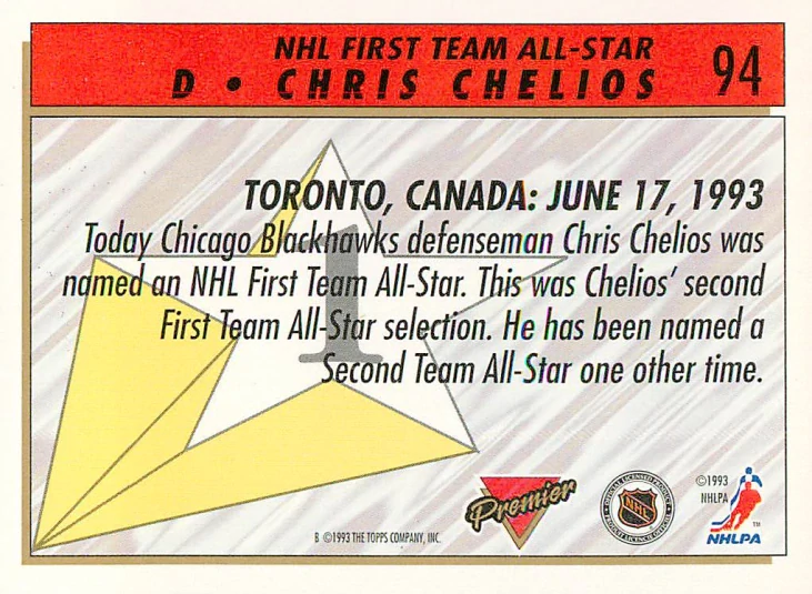 1993-94 Topps Premier - Chris Chelios - NHL First Team All-Star #94