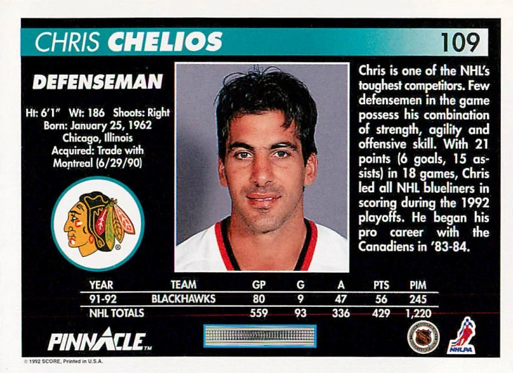 1992-93 Pinnacle - Chris Chelios #109
