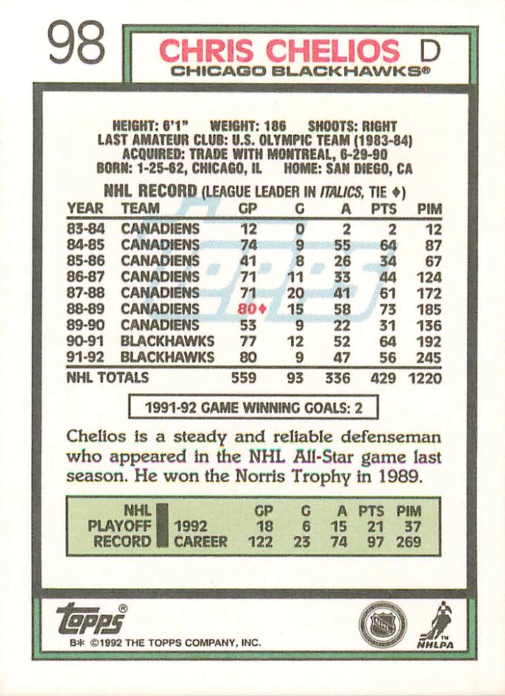 1992-93 Topps - Chris Chelios #98
