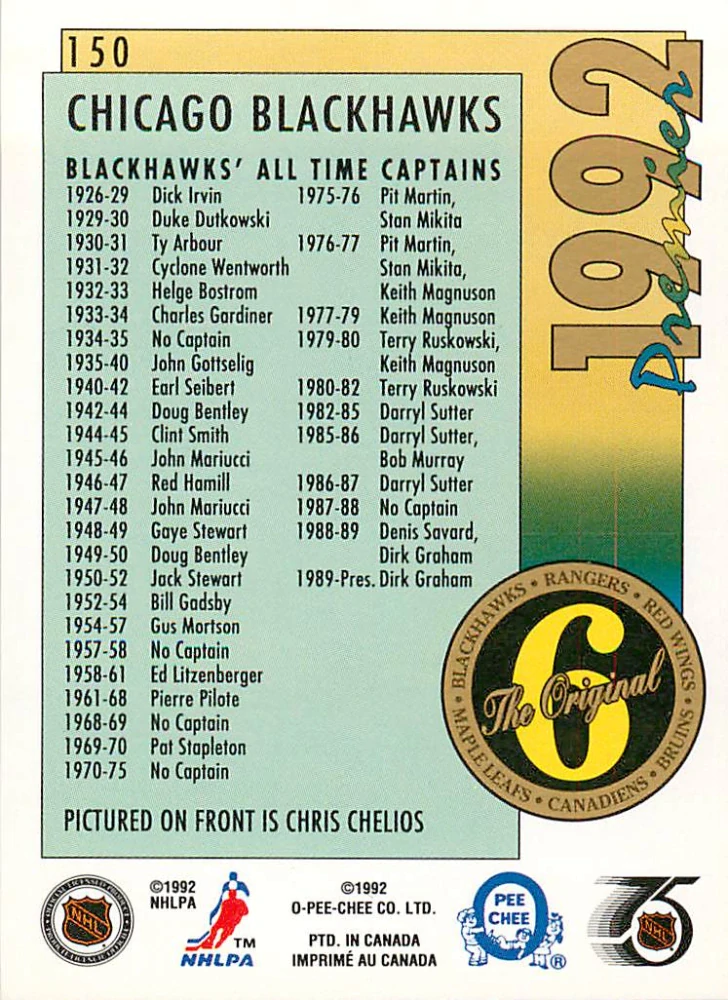 1991-92 O-Pee-Chee Premier - Chris Chelios - The Original 6 #150