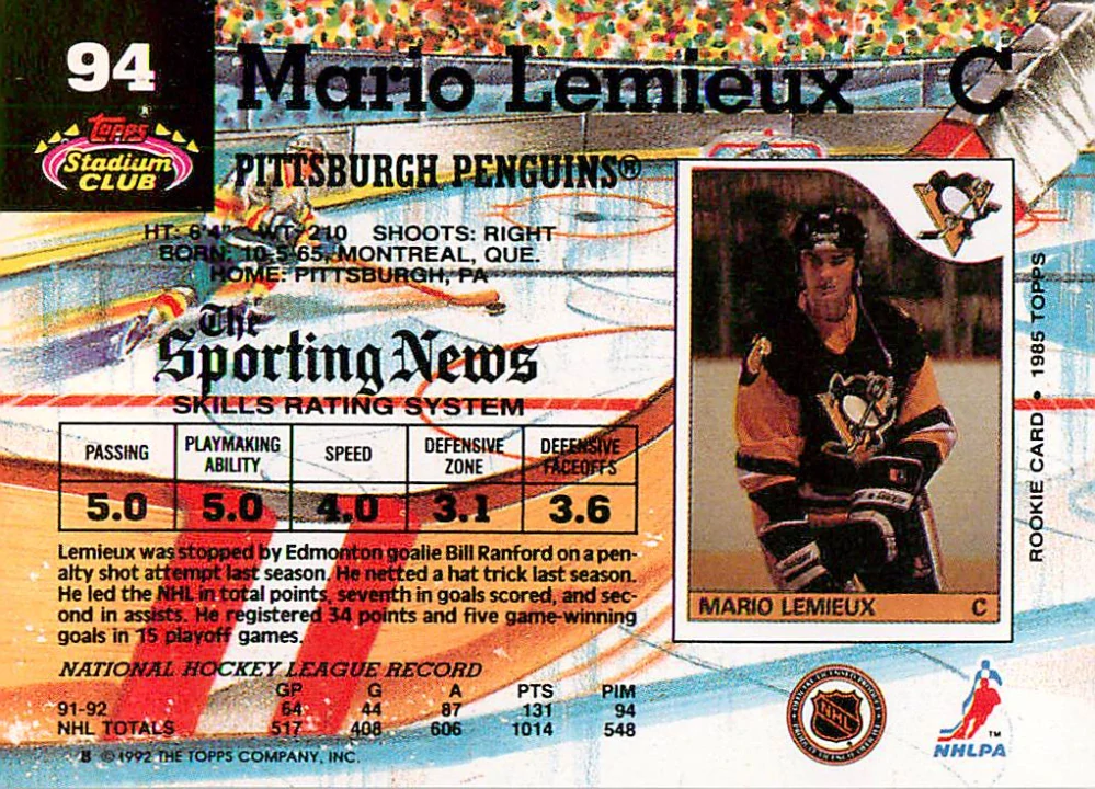 1992-93 Topps Stadium Club - Mario Lemieux #94