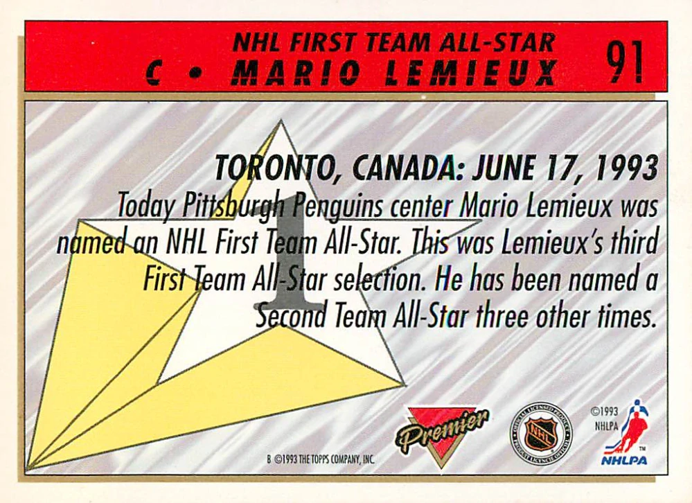 1993-94 Topps Premier - Mario Lemieux - NHL First Team All-Star #91
