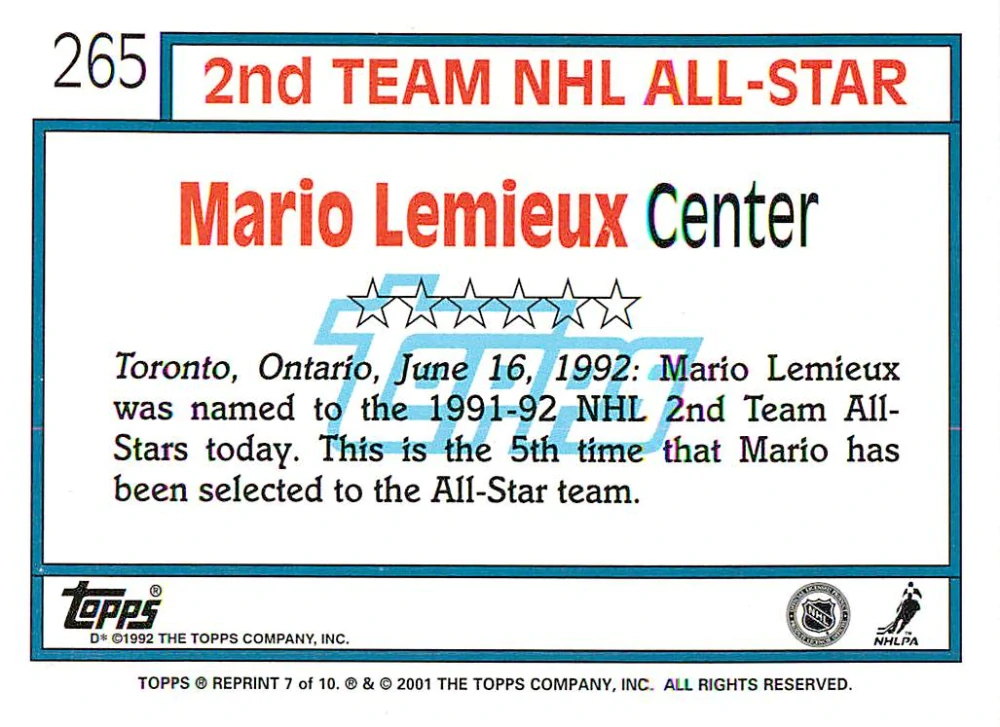 2001-02 Topps - Mario Lemieux - Commemorative Series Reprints #265