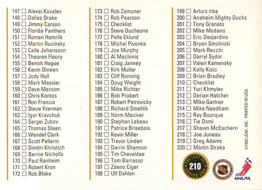 1993-94 Leaf - Mario Lemieux - Checklist #210