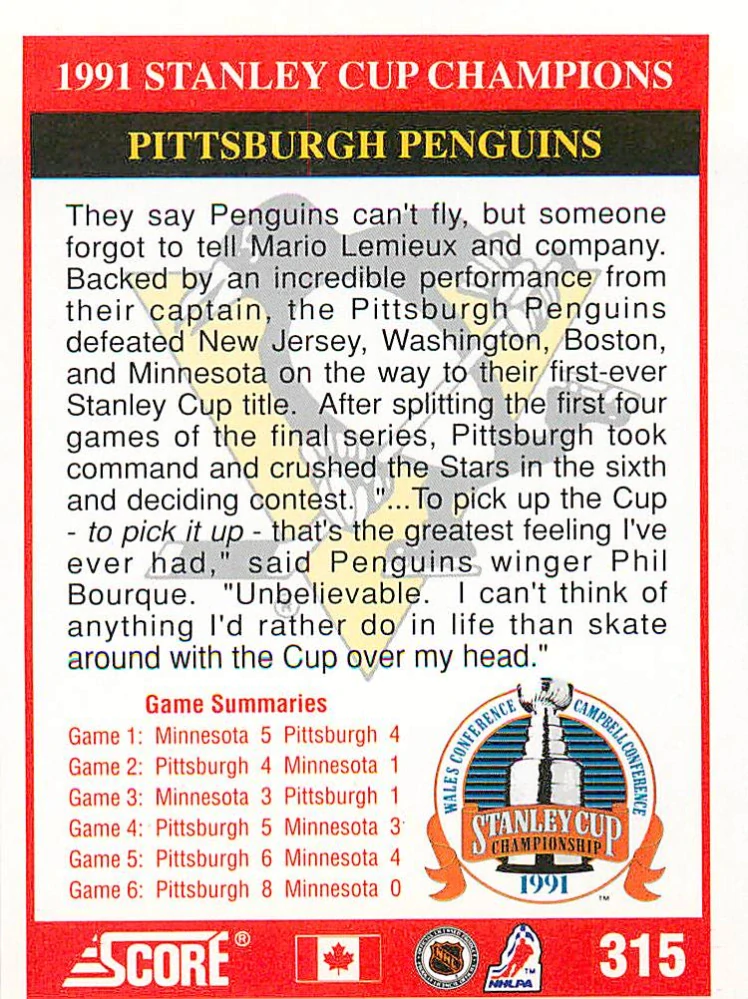 1991-92 Score Canadian - Mario Lemieux - 1991 Stanley Cup Champions (English) #315