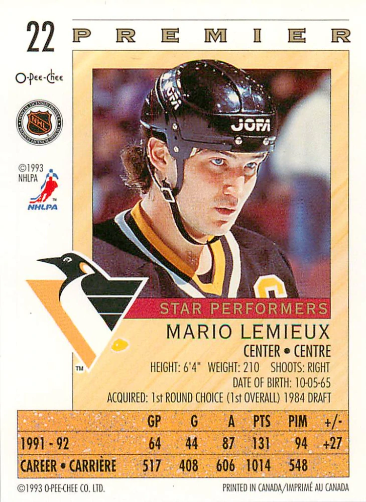 1992-93 O-Pee-Chee Premier - Mario Lemieux - Star Performers #22