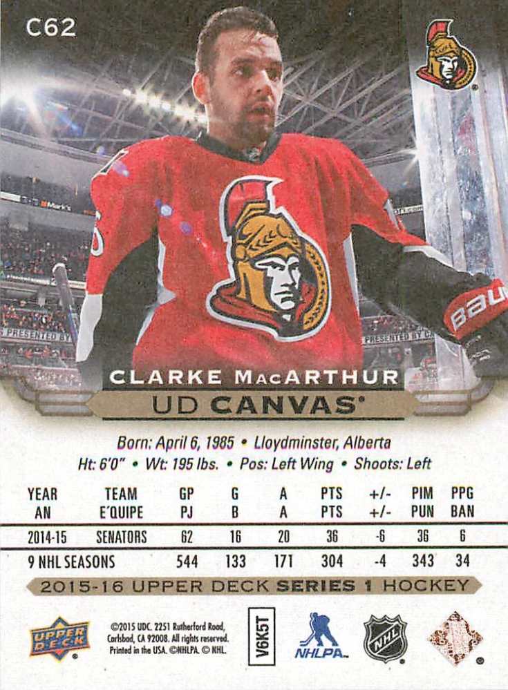 2015-16 UD Series 1 - Clarke MacArthur - Canvas #C62