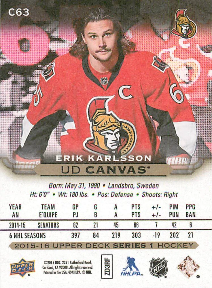 2015-16 UD Series 1 - Erik Karlsson - Canvas #C63
