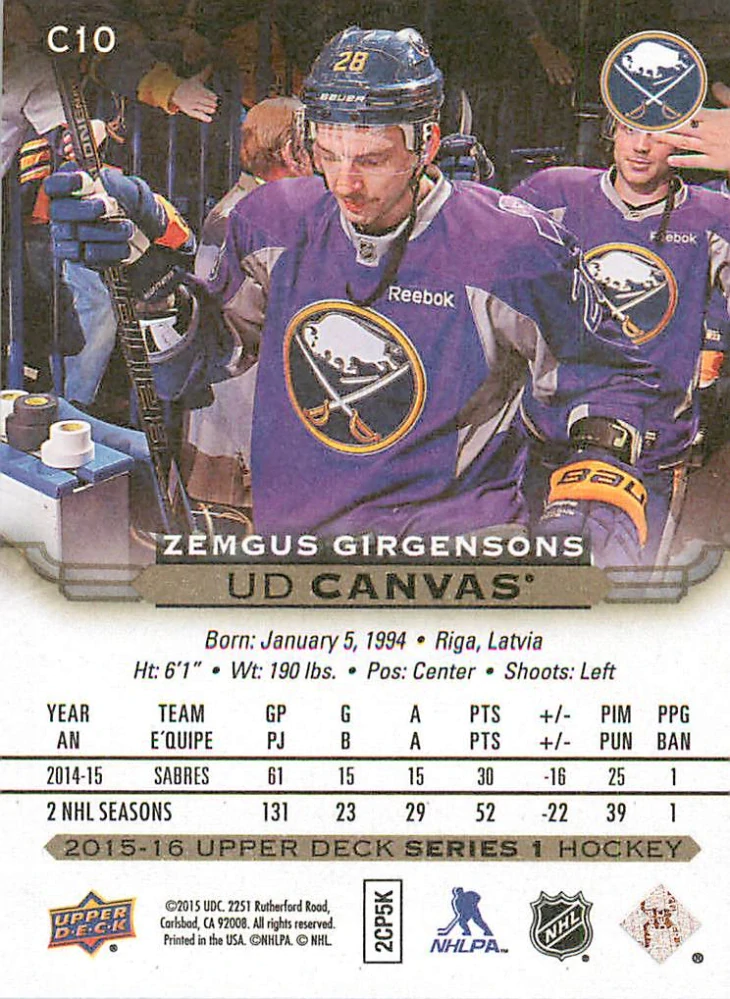 2015-16 UD Series 1 - Zemgus Girgensons - Canvas #C10