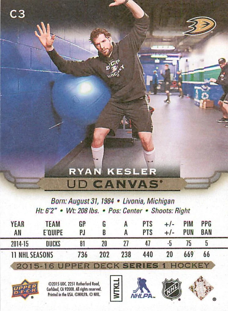 2015-16 UD Series 1 - Ryan Kesler - Canvas #C3
